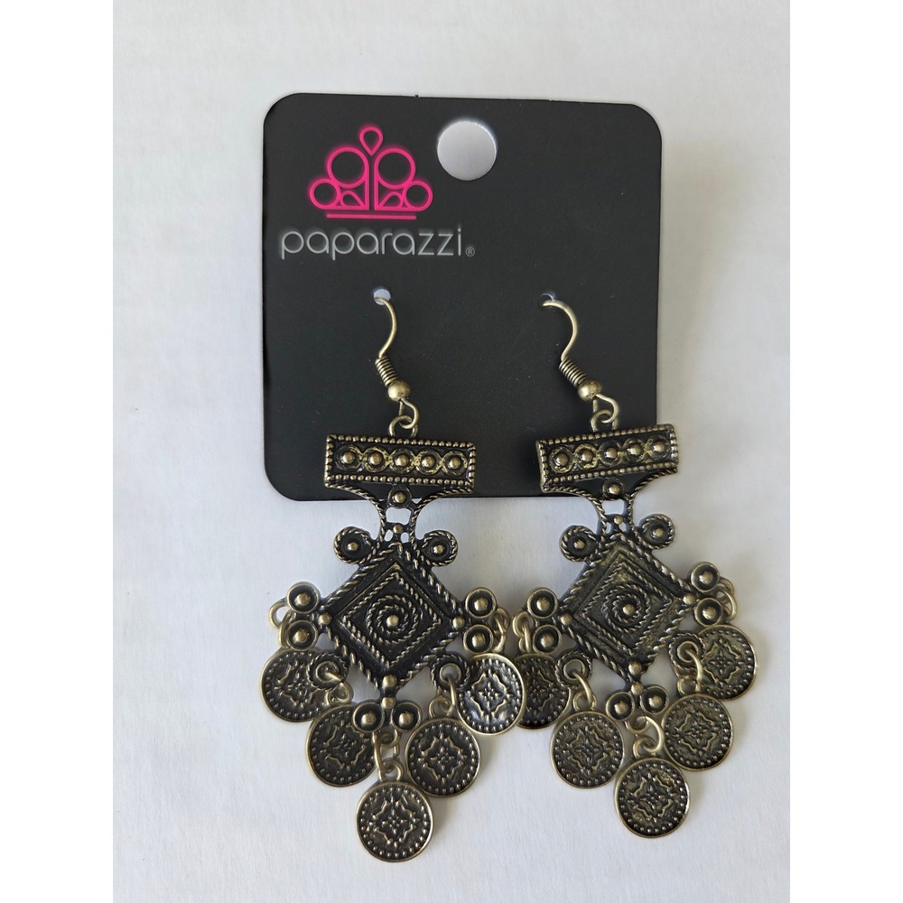 Paparazzi Brass Tribal Chandelier Coin Earrings Boho Statement Dangle